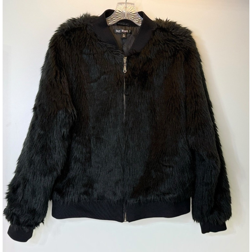 Say What? Black Faux Fur Bomber Jacket Ribbed Collar and Cuffs Womens XL